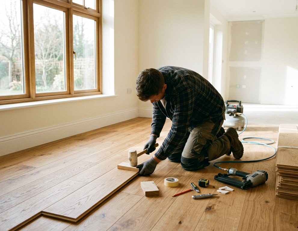 Craftsman laying warm oak flooring