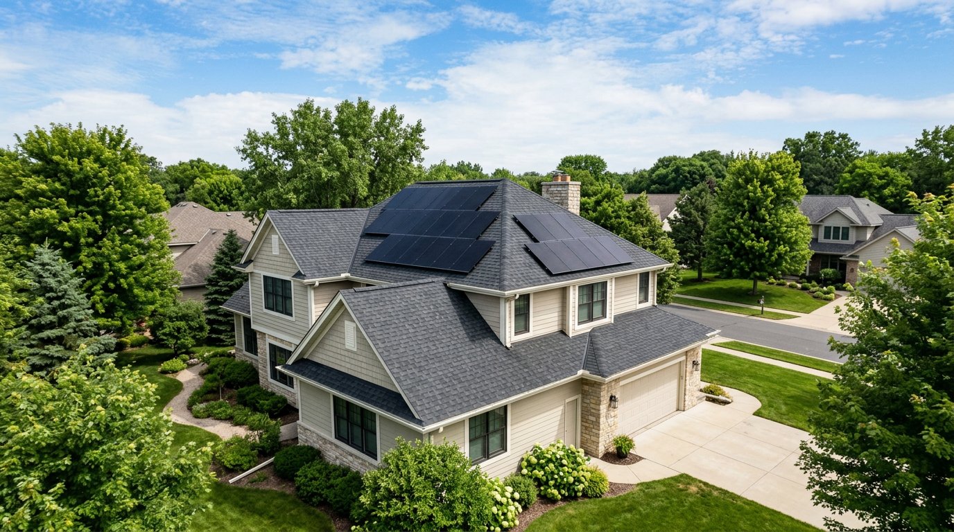 Solar panels glowing at golden hour on neighborhood rooftops
